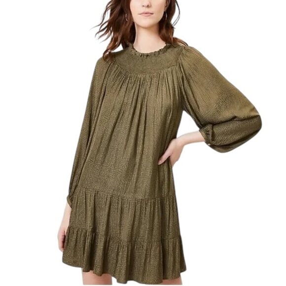 LOFT Dresses & Skirts - LOFT Green Tiered Smocked Sundress with Long Bishop Sleeves